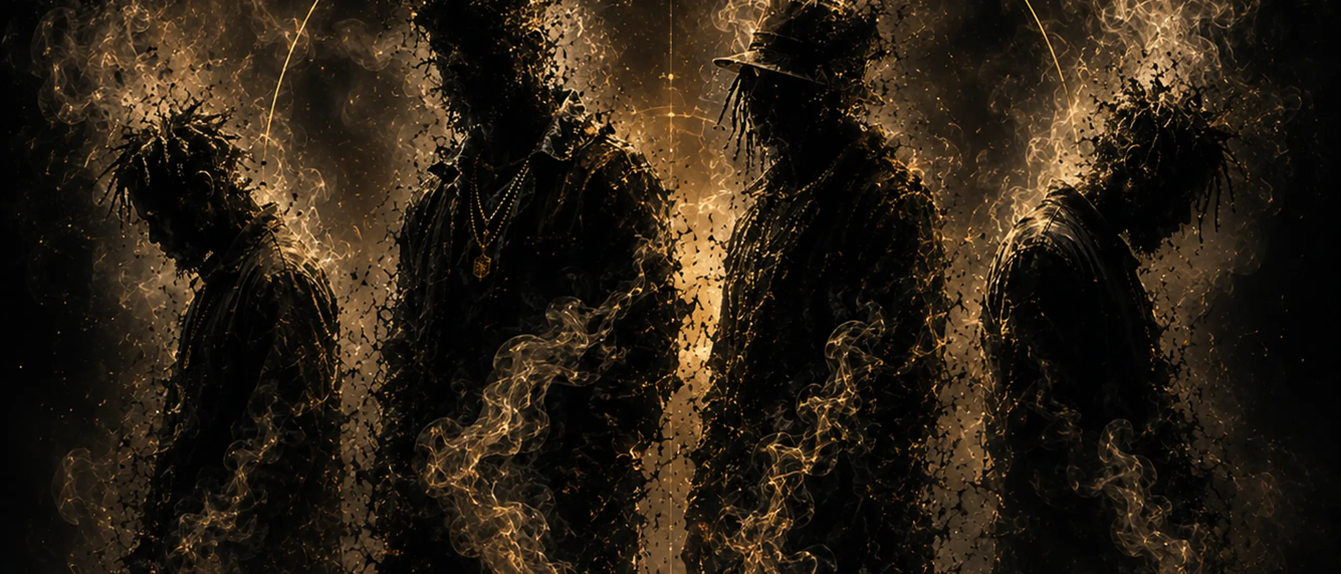 Four figures in silhouette formed from gold smoke and sparks against black, from the Key Pen artist artwork.