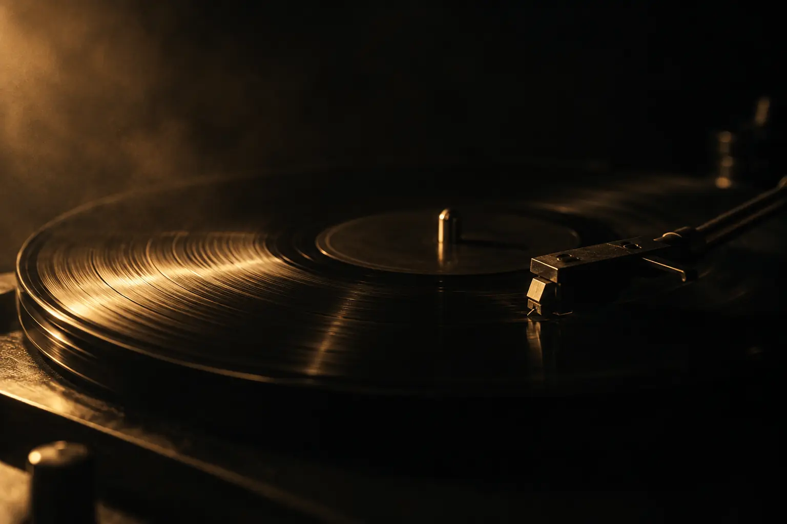 A vinyl record turning on a turntable in a dark room, the grooves catching a single warm gold light.